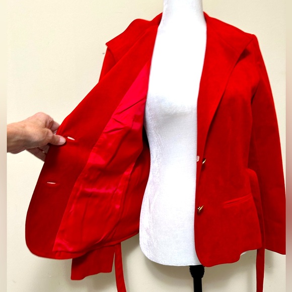NEW VINTAGE Cherry Red Faux Suede Coat Straight Skirt Zipper 2 pc Jacket Suit 12 - Picture 6 of 14